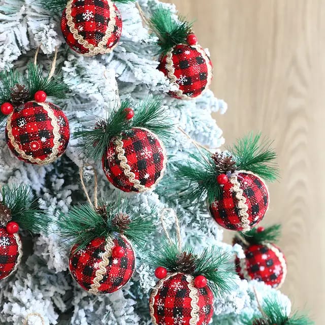 3pcs Set  8cm Christmas Decoration Pendant Set | Red Check Pine Ornament Balls | Holiday Tree Decor