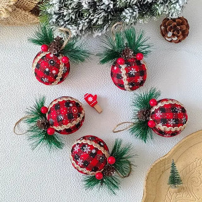 3pcs Set  8cm Christmas Decoration Pendant Set | Red Check Pine Ornament Balls | Holiday Tree Decor