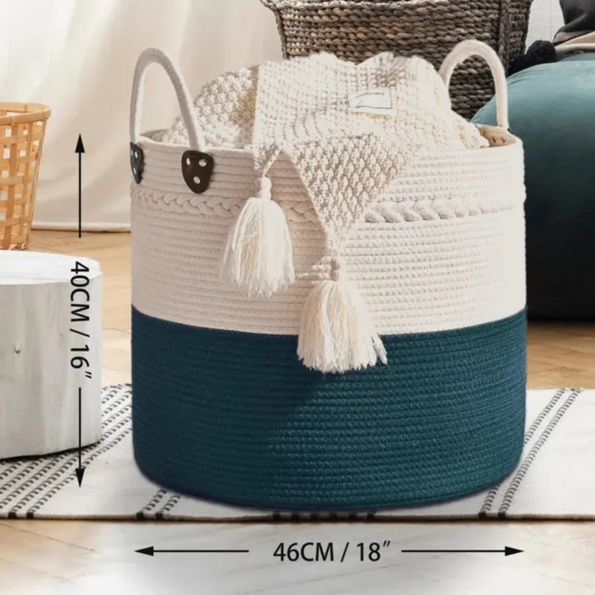 Cotton Rope Basket | Large Decorative Woven Storage Basket with Handles | Ideal for Toys, Throw Pillows & Towels