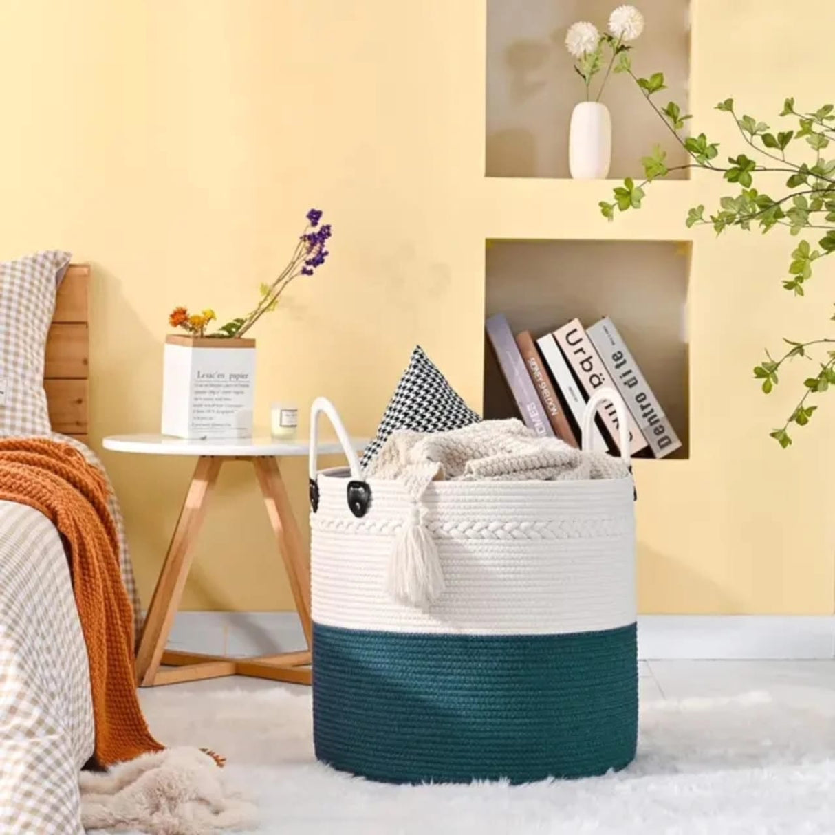 Cotton Rope Basket | Large Decorative Woven Storage Basket with Handles | Ideal for Toys, Throw Pillows & Towels