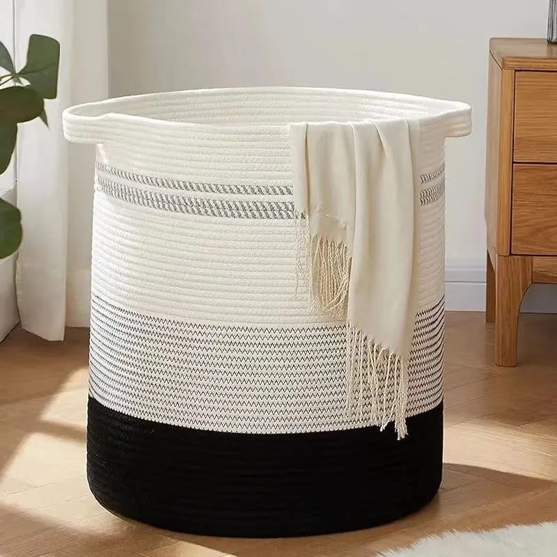 Cotton Rope Basket | Large Decorative Woven Storage Basket with Handles | Ideal for Toys, Throw Pillows & Towels