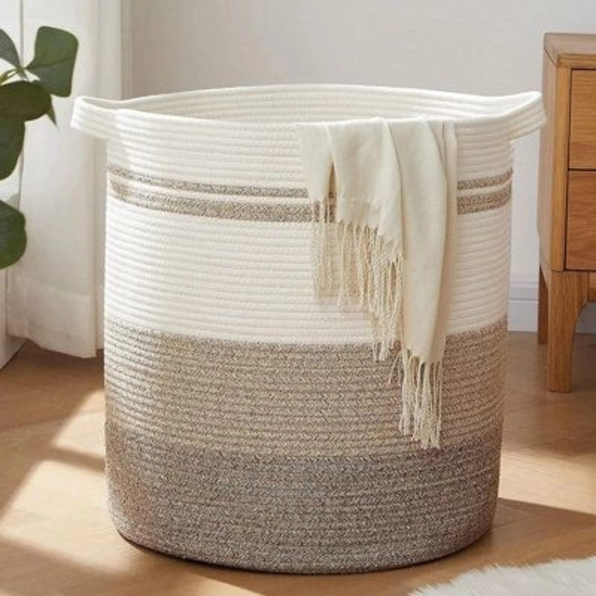 Cotton Rope Basket | Large Decorative Woven Storage Basket with Handles | Ideal for Toys, Throw Pillows & Towels