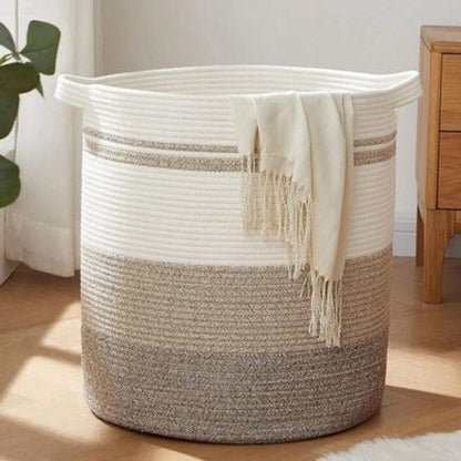 Cotton Rope Basket | Large Decorative Woven Storage Basket with Handles | Ideal for Toys, Throw Pillows & Towels