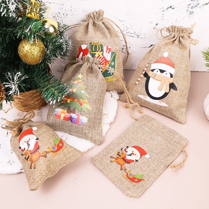 Christmas Linen Drawstring Bags | Candy & Biscuit Pouches | Burlap Bracelet & Jewelry Storage Bags | Xmas Gift Packaging for Kids