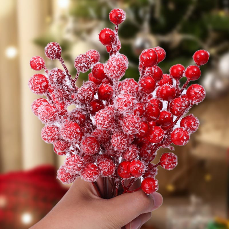 5pc Artificial Red Snowflake Berry Branches | 12 Heads Holly Berry Stems for Christmas Tree, Wreath, and Holiday Decor