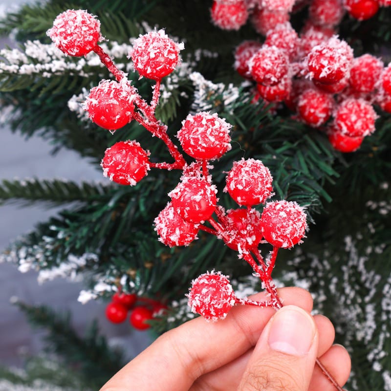 5pc Artificial Red Snowflake Berry Branches | 12 Heads Holly Berry Stems for Christmas Tree, Wreath, and Holiday Decor