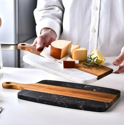 Cutting Marble Board + Acacia Serving Tray Heavy 2kg Rectangular & Round Stone Cutting Board