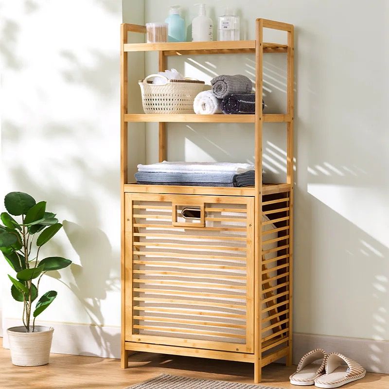 Bamboo Laundry Basket Organizer with 2 Tier Shelves & TiltOut Removable Linen Bag | Brown & Cream| 119 x 40 x 30 cm (L x W x H)