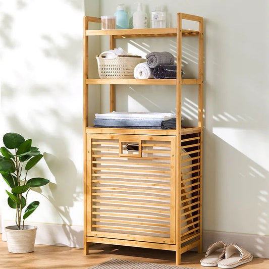 Bamboo Laundry Basket Organizer with 2 Tier Shelves & TiltOut Removable Linen Bag | Brown & Cream| 119 x 40 x 30 cm (L x W x H) | Space Saving Laundry Storage