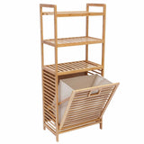 Bamboo Laundry Basket Organizer with 2 Tier Shelves & TiltOut Removable Linen Bag | Brown & Cream| 119 x 40 x 30 cm (L x W x H)