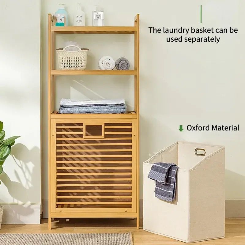 Bamboo Laundry Basket Organizer with 2 Tier Shelves & TiltOut Removable Linen Bag | Brown & Cream| 119 x 40 x 30 cm (L x W x H)