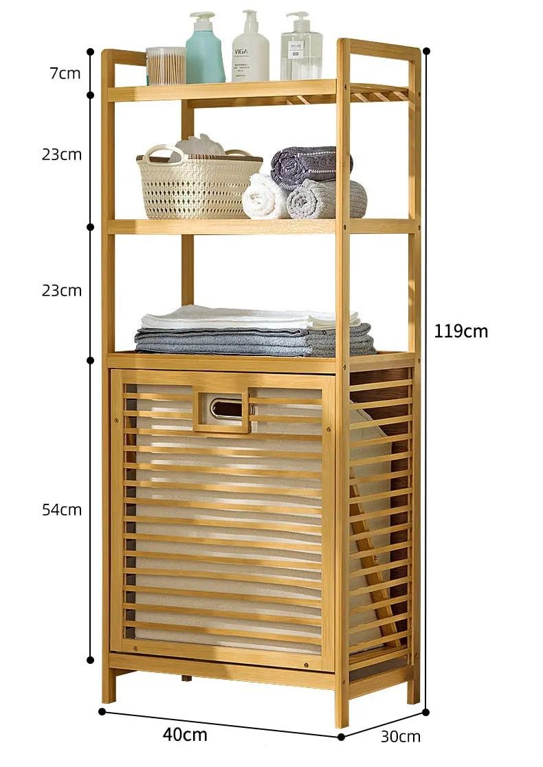 Bamboo Laundry Basket Organizer with 2 Tier Shelves & TiltOut Removable Linen Bag | Brown & Cream| 119 x 40 x 30 cm (L x W x H)