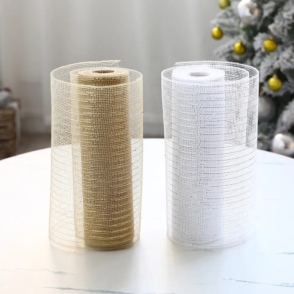 26cm 10 Yards Gold White Mesh Ribbon | DIY Glitter Mesh Roll for Xmas Tree Decorations, Weddings, and Gift Packing