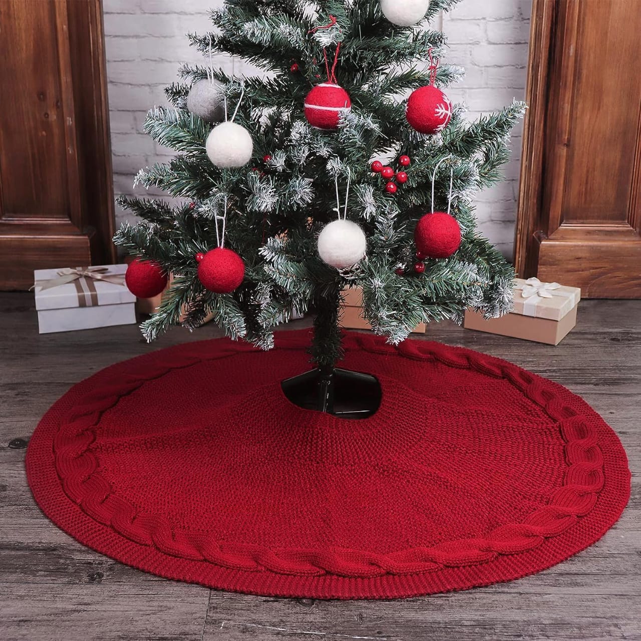 Christmas Knitted Tree Skirt | Christmas Tree Apron | Holiday Tree Skirt Decoration