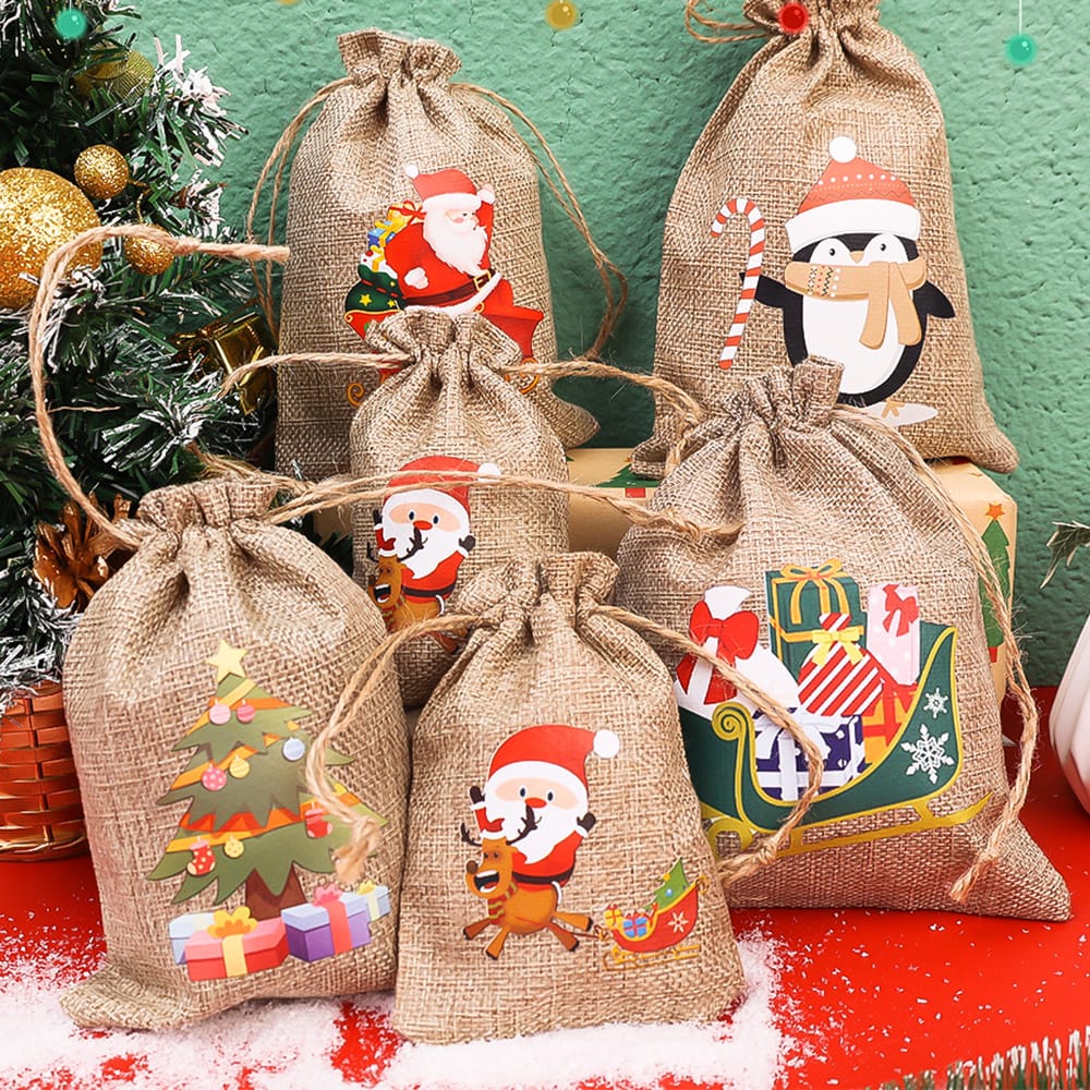 Christmas Linen Drawstring Bags | Candy & Biscuit Pouches | Burlap Bracelet & Jewelry Storage Bags | Xmas Gift Packaging for Kids