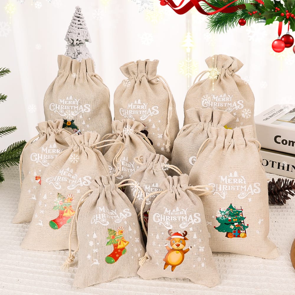 Christmas Linen Drawstring Bags | Candy & Biscuit Pouches | Burlap Bracelet & Jewelry Storage Bags | Xmas Gift Packaging for Kids