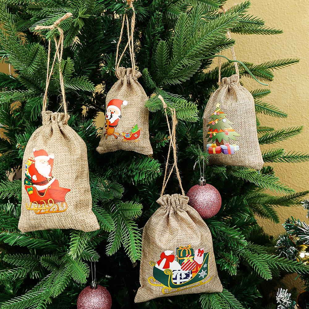 Christmas Linen Drawstring Bags | Candy & Biscuit Pouches | Burlap Bracelet & Jewelry Storage Bags | Xmas Gift Packaging for Kids