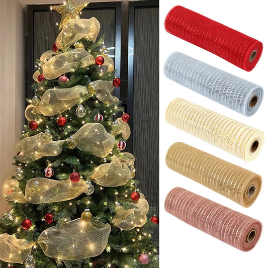 26cm 10 Yards Gold White Mesh Ribbon | DIY Glitter Mesh Roll for Xmas Tree Decorations, Weddings, and Gift Packing