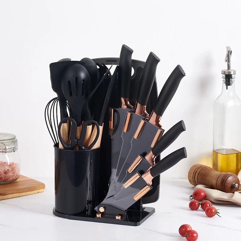 Elegant Kitchenware Set with Stand, Knives & Silicone Spoons