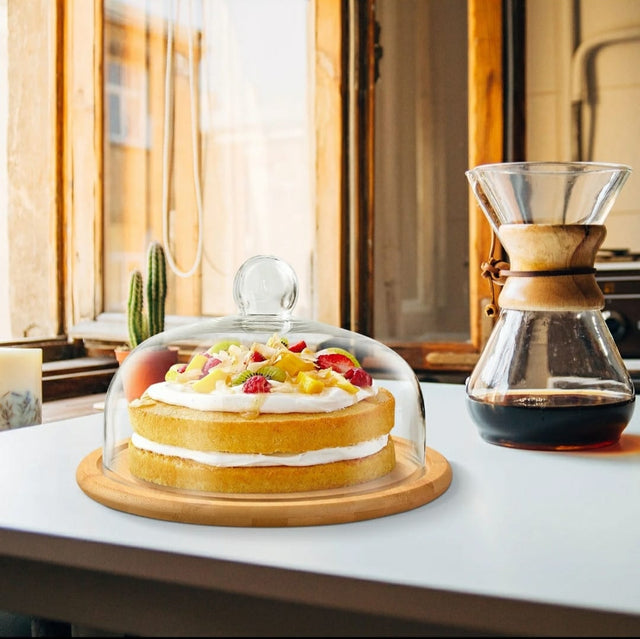 Furaha Finds bamboo cake and fruit stand with a 30cm base and clear acrylic dome perfect for stylish food presentation and freshness