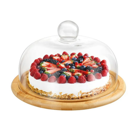 Furaha Finds bamboo cake and fruit stand with a 30cm base and clear acrylic dome perfect for stylish food presentation and freshness