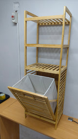 Bamboo Laundry Basket Organizer with 2 Tier Shelves & TiltOut Removable Linen Bag | Brown & Cream| 119 x 40 x 30 cm (L x W x H)