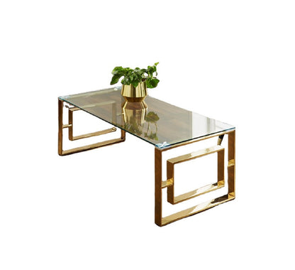 Central Glass Coffee Table | Minimalist Design with Polished Gold Stainless Steel Stands & Tempered Glass Top