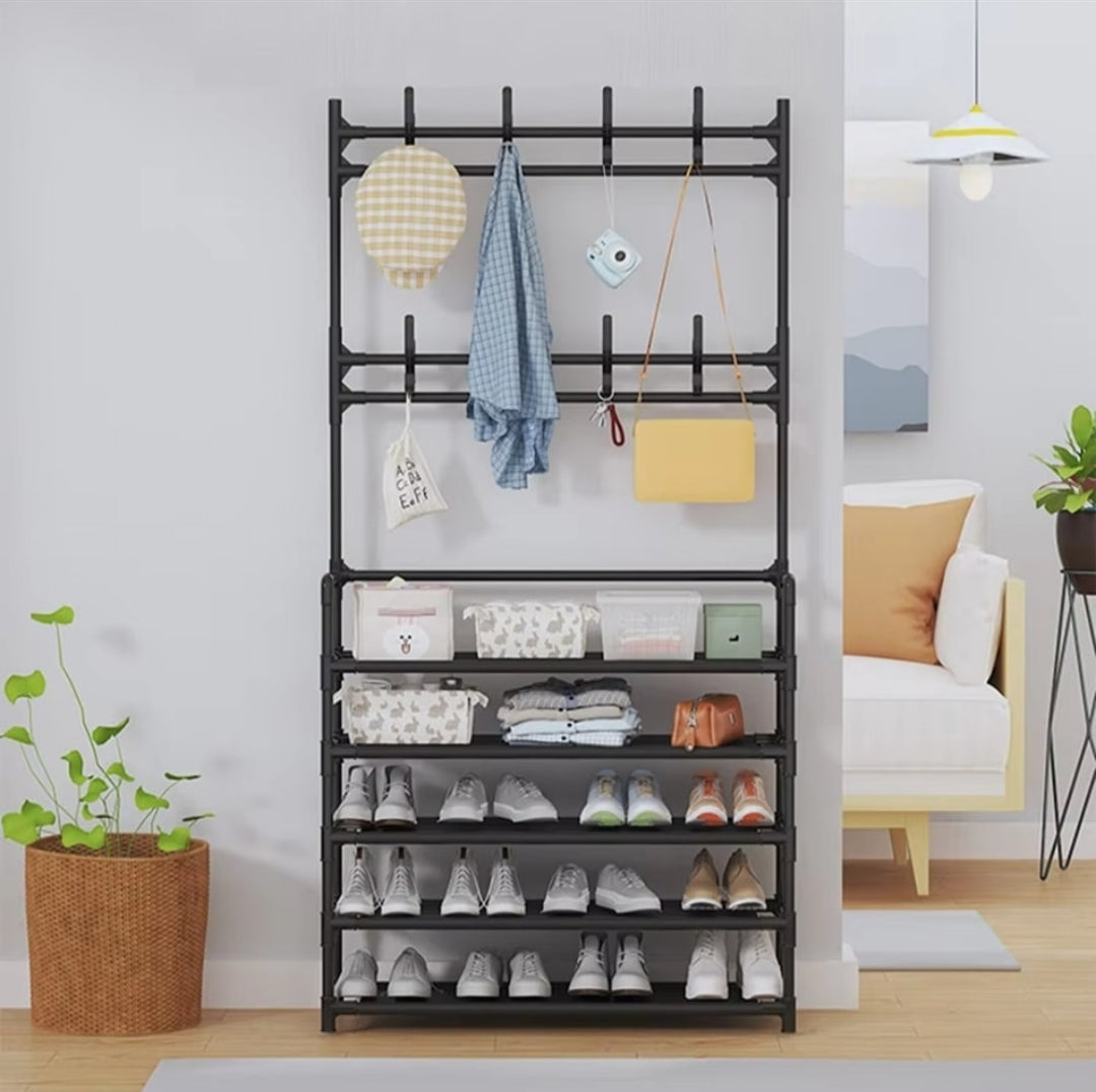 5 Tier Entryway Coat Rack with Shoe Bench & Storage Shelves | Black & White- 169 x 60 x 26 cm