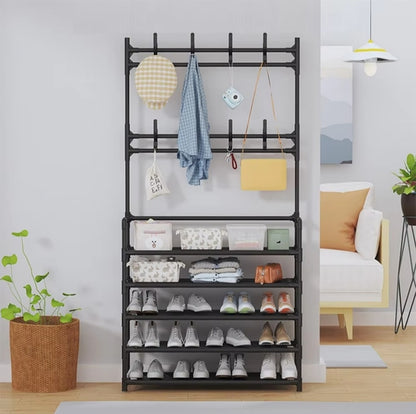 5 Tier Entryway Coat Rack with Shoe Bench & Storage Shelves | Black & White- 169 x 60 x 26 cm