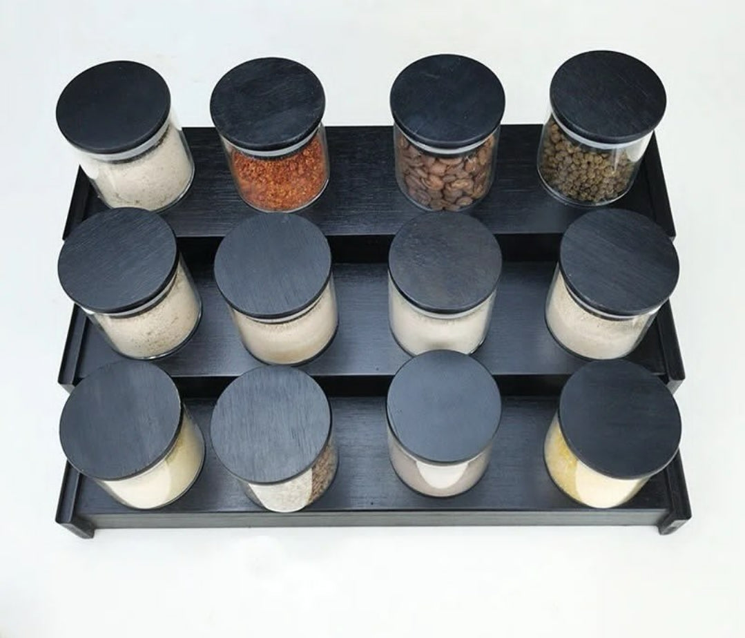 12 Piece Glass Spice Jars with Bamboo Black Lids and Stand | 200ml Borosilicate Glass Jars for Sleek Spice Organization