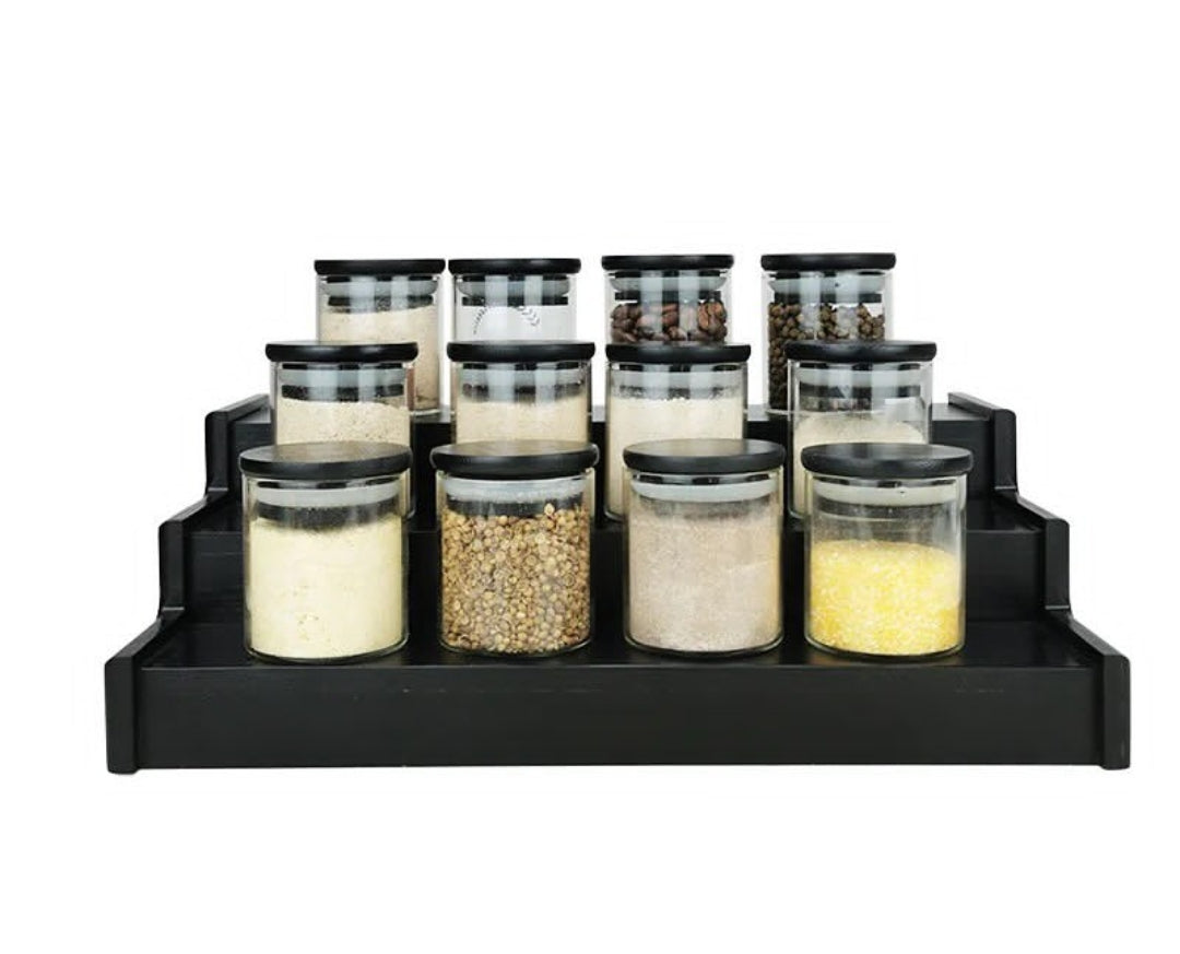 12 Piece Glass Spice Jars with Bamboo Black Lids and Stand | 200ml Borosilicate Glass Jars for Sleek Spice Organization