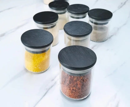 12 Piece Glass Spice Jars with Bamboo Black Lids and Stand | 200ml Borosilicate Glass Jars for Sleek Spice Organization