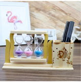 Handicraft Wooden Pen Stand with 3 Hourglass Timer |Functional & Decorative Desk Accessory | Office Desks | Home Office Workspace | Office Supplies 19x5x10cm