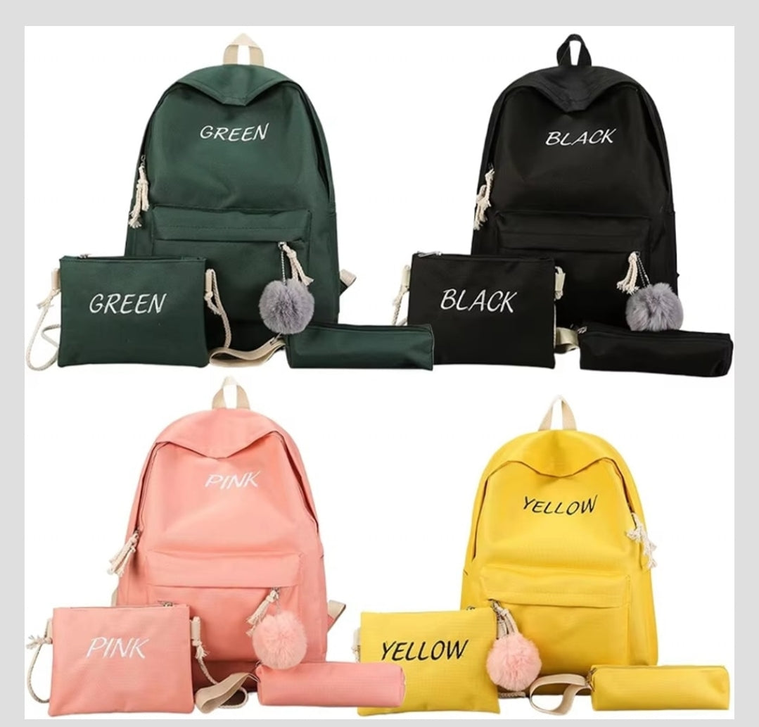 High Quality Water Resistant Fabric 3in1 Fashion School Bags | Yellow, Green, Pink, Black | Includes School Bag, Lunch Bag, Pencil Case