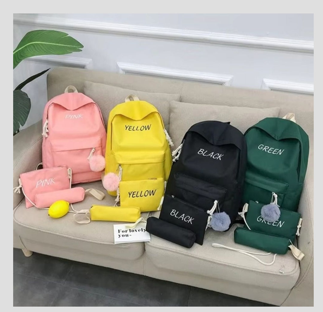 High Quality Water Resistant Fabric 3in1 Fashion School Bags | Yellow, Green, Pink, Black | Includes School Bag, Lunch Bag, Pencil Case