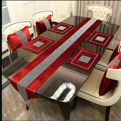 13 Piece Flannel Table Set | Table Runner, Mats & Cushion Covers (Maroon Red, Black, Grey, Beige)