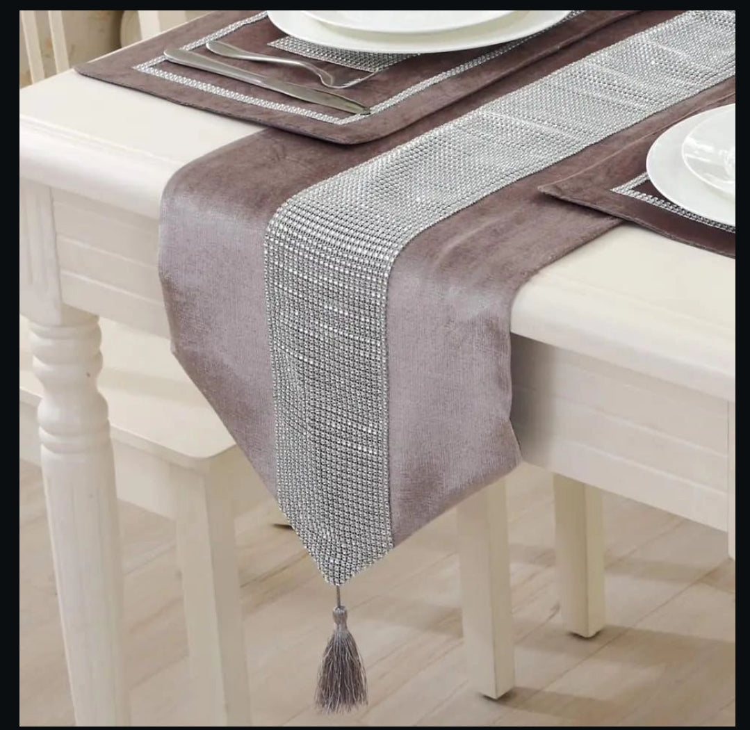 13 Piece Flannel Table Set | Table Runner, Mats & Cushion Covers (Maroon Red, Black, Grey, Beige)