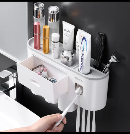 Automatic Toothpaste Dispenser – Wall-Mounted, Punch-Free Installation with Magnetic Suction & Multi-Functional Storage (Grey, Peach, Blue)