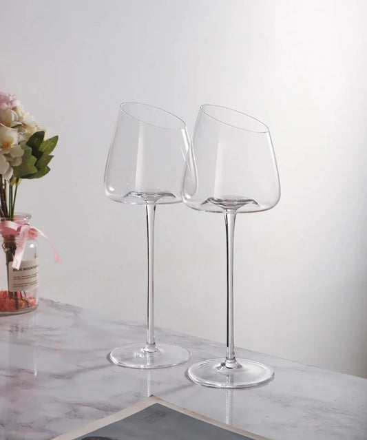 2pc Slanted Crystal Wine Glass Set – 350ml Medium Capacity Elegant Glassware