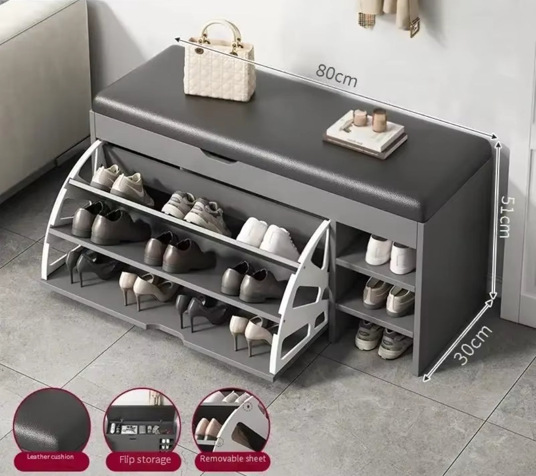 Bucket Flip Shoe Rack with Storage Organizer and Leathered Seat | 100x50x30cm | Entryways, Bedrooms, or Closets