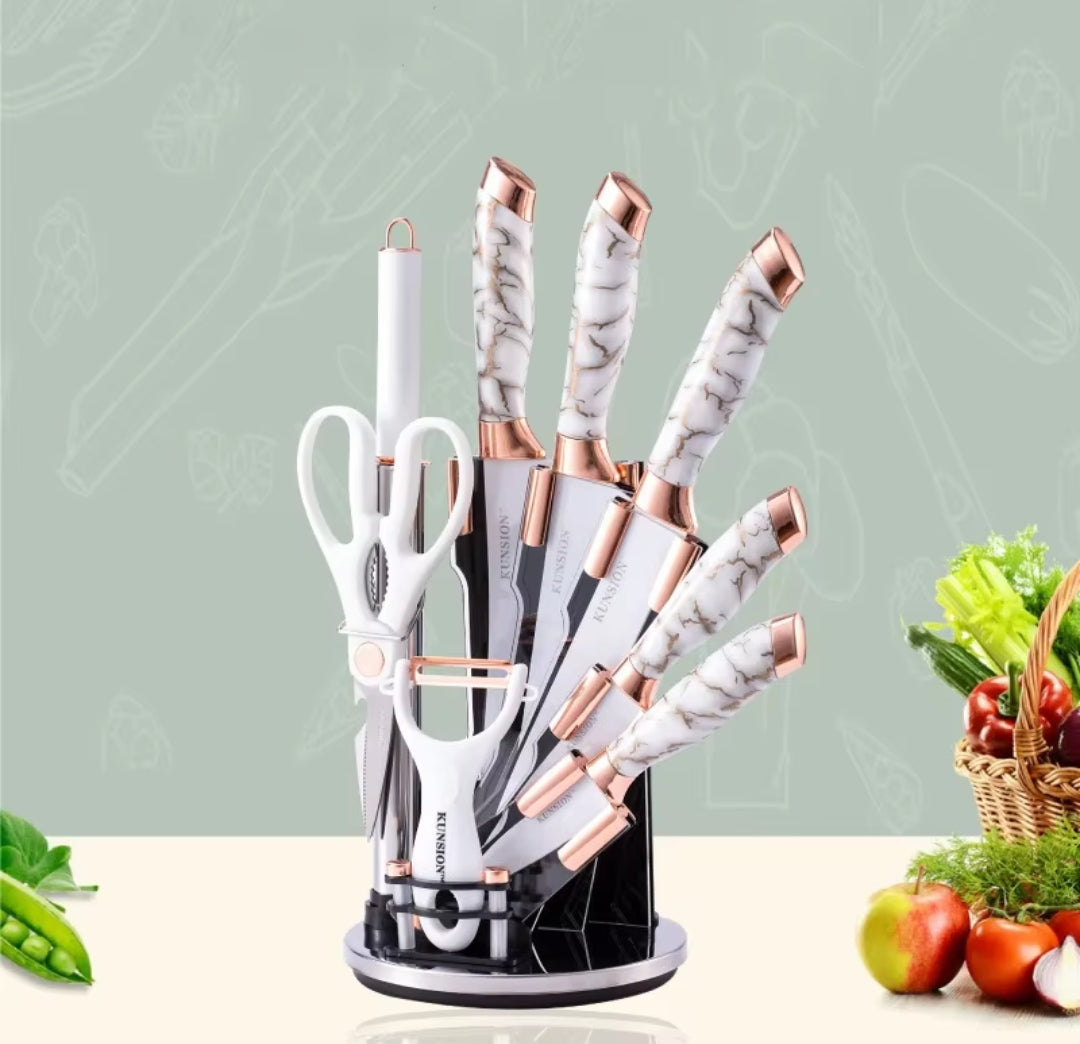 9Pc Marble Knife Set 5 Knives, Kitchen Fork, Scissors, Potato Peeler, and Stand (Black, White)