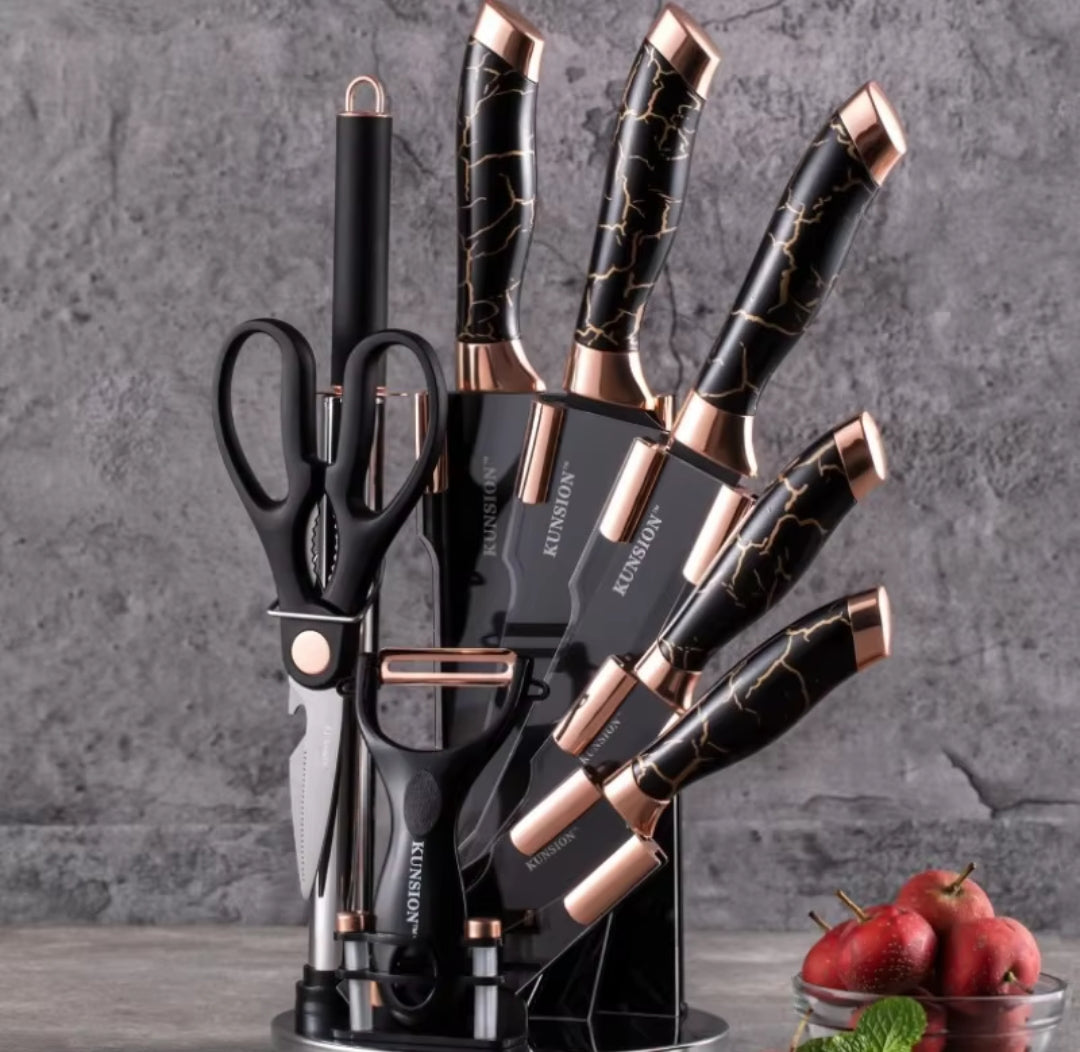 9Pc Marble Knife Set 5 Knives, Kitchen Fork, Scissors, Potato Peeler, and Stand (Black, White)