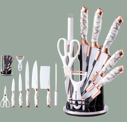 9Pc Marble Knife Set 5 Knives, Kitchen Fork, Scissors, Potato Peeler, and Stand (Black, White)