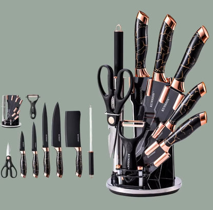 9Pc Marble Knife Set 5 Knives, Kitchen Fork, Scissors, Potato Peeler, and Stand (Black, White)