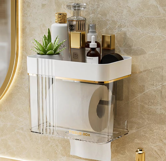 Luxury Gold Plated Wall Mounted Tissue Box Waterproof, Punch-Free, with Storage Tray