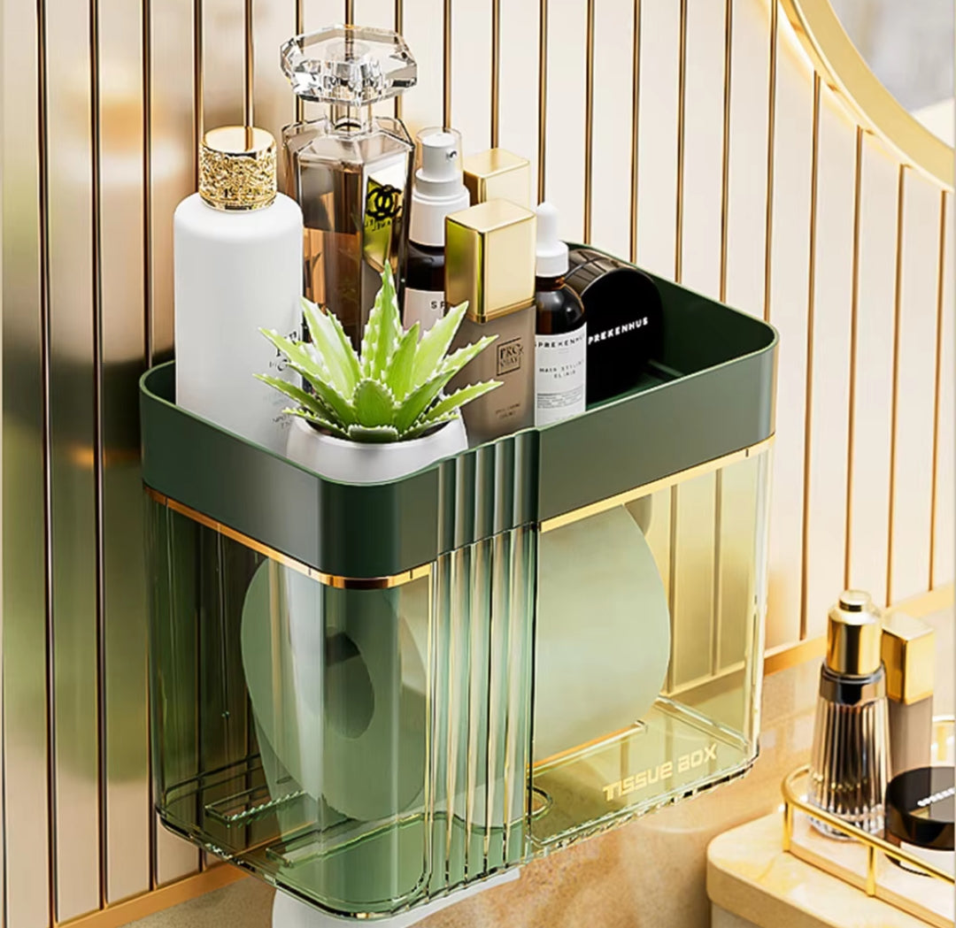 Luxury Gold Plated Wall Mounted Tissue Box Waterproof, Punch-Free, with Storage Tray