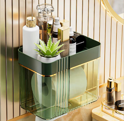 Luxury Gold Plated Wall Mounted Tissue Box Waterproof, Punch-Free, with Storage Tray