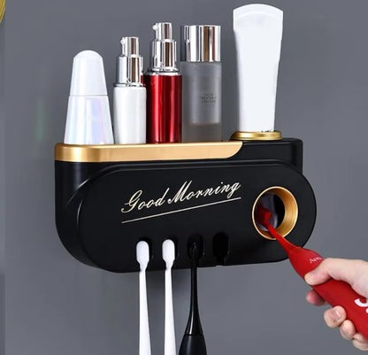 Good Morning Toothpaste Dispenser Holds 4 Toothbrushes, ABS Material with Upper Storage Compartment