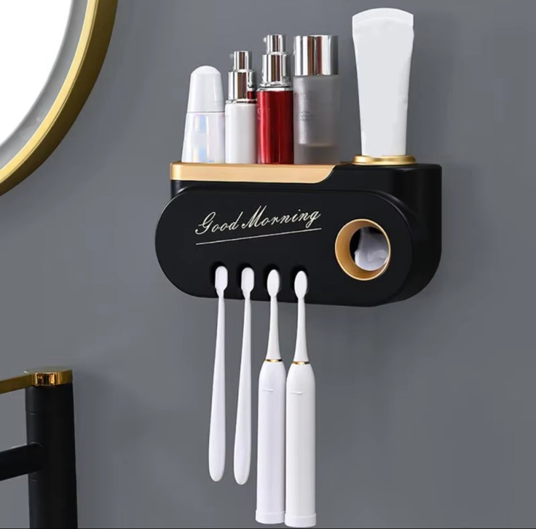 Good Morning Toothpaste Dispenser Holds 4 Toothbrushes, ABS Material with Upper Storage Compartment