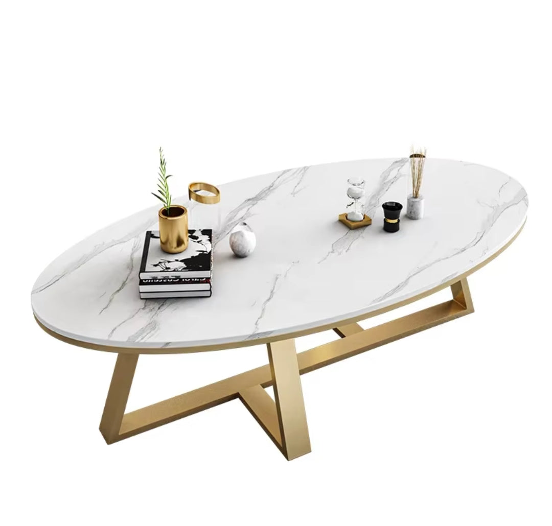 Oval Shaped Luxury Coffee Table  Elegant White Gold Design for Living Room & Bedroom (100x50x45cm) |  Space Saving Furniture| Sturdy| Living Room Coffee Table